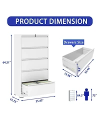 Boyel Living 5 Drawer Metal Lateral File Cabinet, White Filing Cabinet with Lock, Lockable File Cabinet for Home Office, Locking Metal File Cabinet