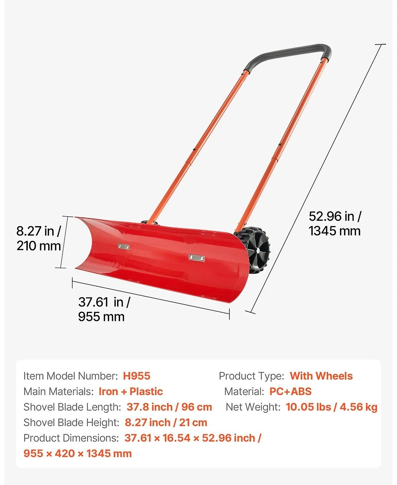 Mecale Wheeled Snow Pusher Shovel, 37.8", Angled Blade, 90° Adjustable Handle, Portable Snowplow for Driveways