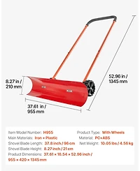 Mecale Wheeled Snow Pusher Shovel, 37.8", Angled Blade, 90° Adjustable Handle, Portable Snowplow for Driveways