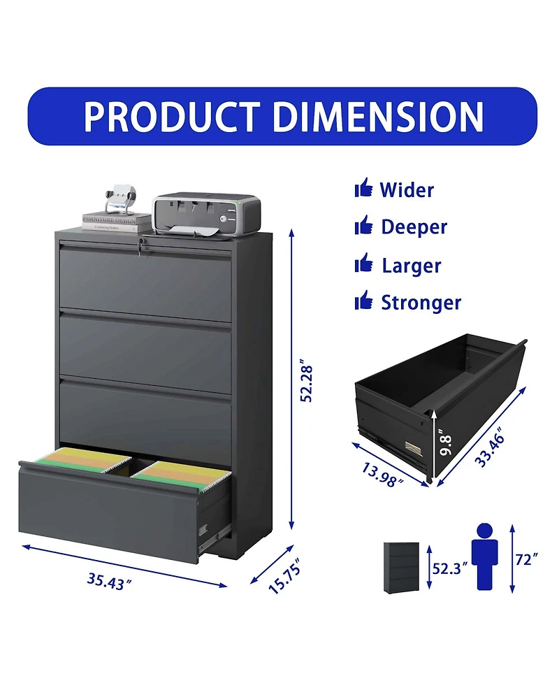 Boyel Living Lateral File Cabinet Drawer, Black Filing Cabinet with Lock
