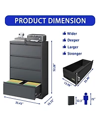 Boyel Living Lateral File Cabinet Drawer, Black Filing Cabinet with Lock