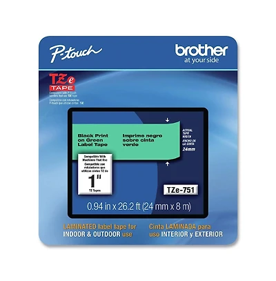 Brother P-Touch TZE751CS 0.94 in. x 26.2 ft. TZe Laminated Removable Label Tapes - Black on Green