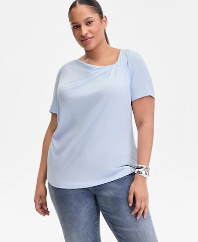 I.n.c. International Concepts Plus Asymmetric Neck Short-Sleeve Top, Macy's Exclusive
