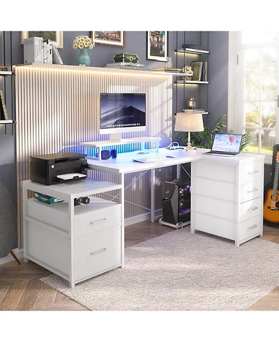 Aheaplus Reversible L Shaped Desk with 6 Drawers, 70.8'' Large Computer Outlets, Monitor Stand & Cpu