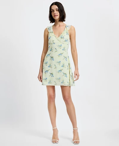 French Connection Women's Yellow Floral V-Neck Sleeveless Mini Dress