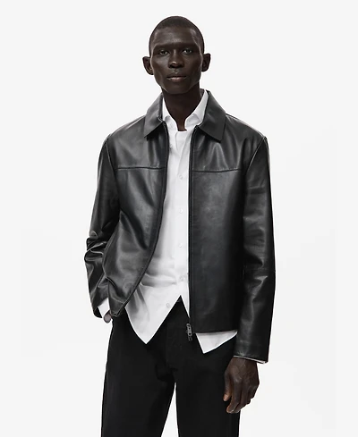 Mango Men's Pockets Leather Jacket