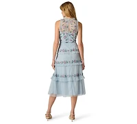 Adrianna Papell Women's Beaded Halter Neck Ruffle Midi Dress