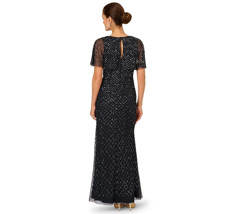 Adrianna Papell Women's Crewneck Beaded Cowl Drape Ball Gown