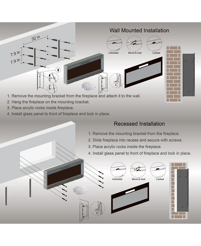 Clihome Smart 60" WiFi-Enabled Electric Fireplace Heater, Recessed in-Wall and Wall-Mounted