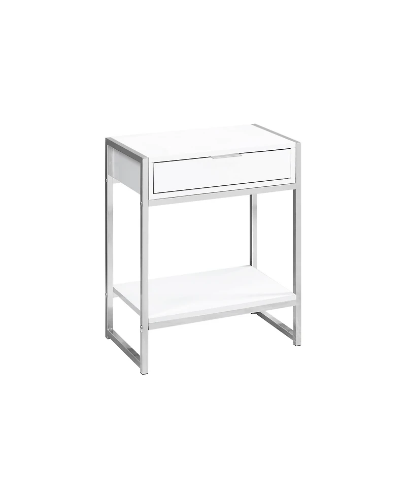 Lovmor Accent Table, Side, End, Nightstand, Lamp, Storage Drawer, Living Room, Bedroom, Glossy White Laminate, Chrome Metal, Contemporary, Modern