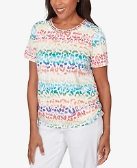 Alfred Dunner Petite Rainbow Print Beaded Neck Ruched Top