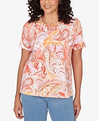 Alfred Dunner Petite Paisley Beaded Neck Pleated Top