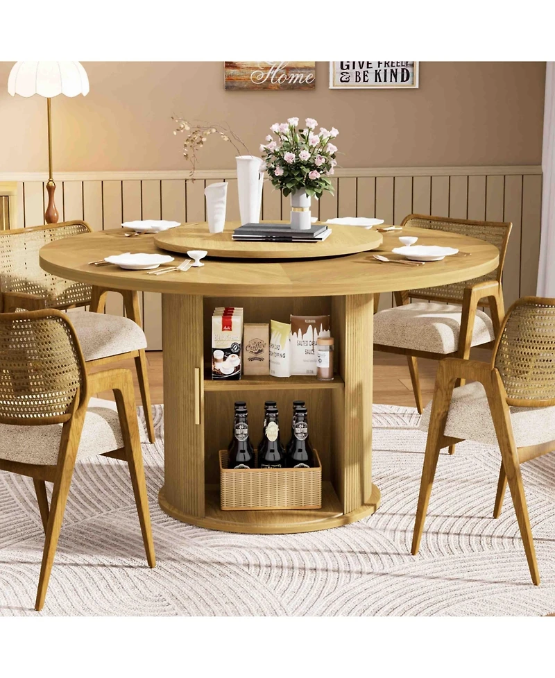 55-Inch Round Dining Table for Six with Double-Tiered Storage Rack and Rotating Top