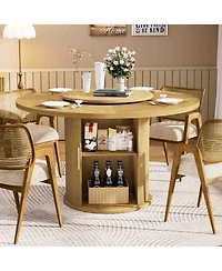 55-Inch Round Dining Table for Six with Double-Tiered Storage Rack and Rotating Top