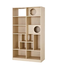 Aostirmotor Cat House with Storage, Cat Litter Box Enclosure Climbing Shelf in Natural