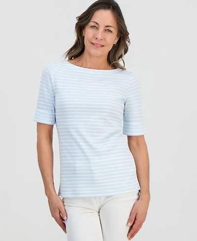 Style & Co Petite Striped Boat-Neck Elbow-Sleeve Top, Macy's Exclusive