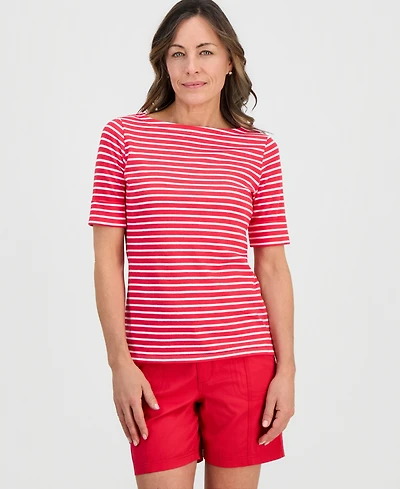 Style & Co Petite Striped Boat-Neck Elbow-Sleeve Top, Macy's Exclusive