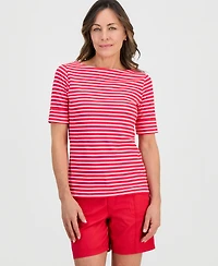 Style & Co Petite Striped Boat-Neck Elbow-Sleeve Top, Macy's Exclusive