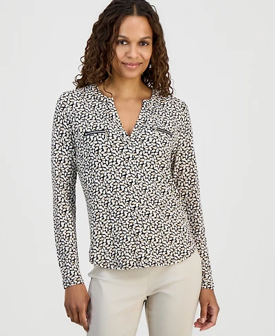 Jm Collection Petite Delicate Paisley Split-Neck Zip-Pocket Top, Macy's Exclusive