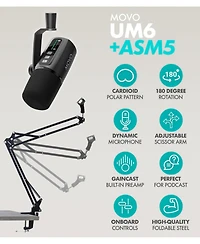 Movo Pro Portable Podcast Equipment Bundle for iPhone/Android Phone with Interface, 2 UM6 Dynamic Mics, 2 Headphones, 2 Boom Arms