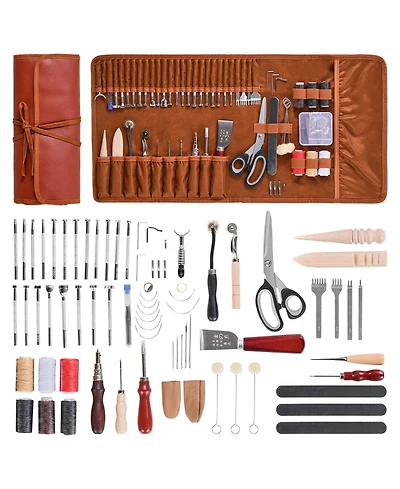 Mecale Leather Working Tools Kit, 72-Piece Leather Craft Set w/ Leather Storage Bag, Punching, Sewing, Stamping & Sanding