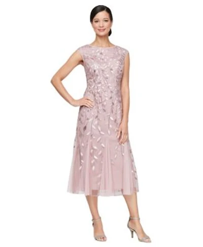 Alex Evenings Womens Embroidered Boat Neck Midi Dress