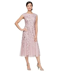 Alex Evenings Womens Embroidered Boat Neck Midi Dress