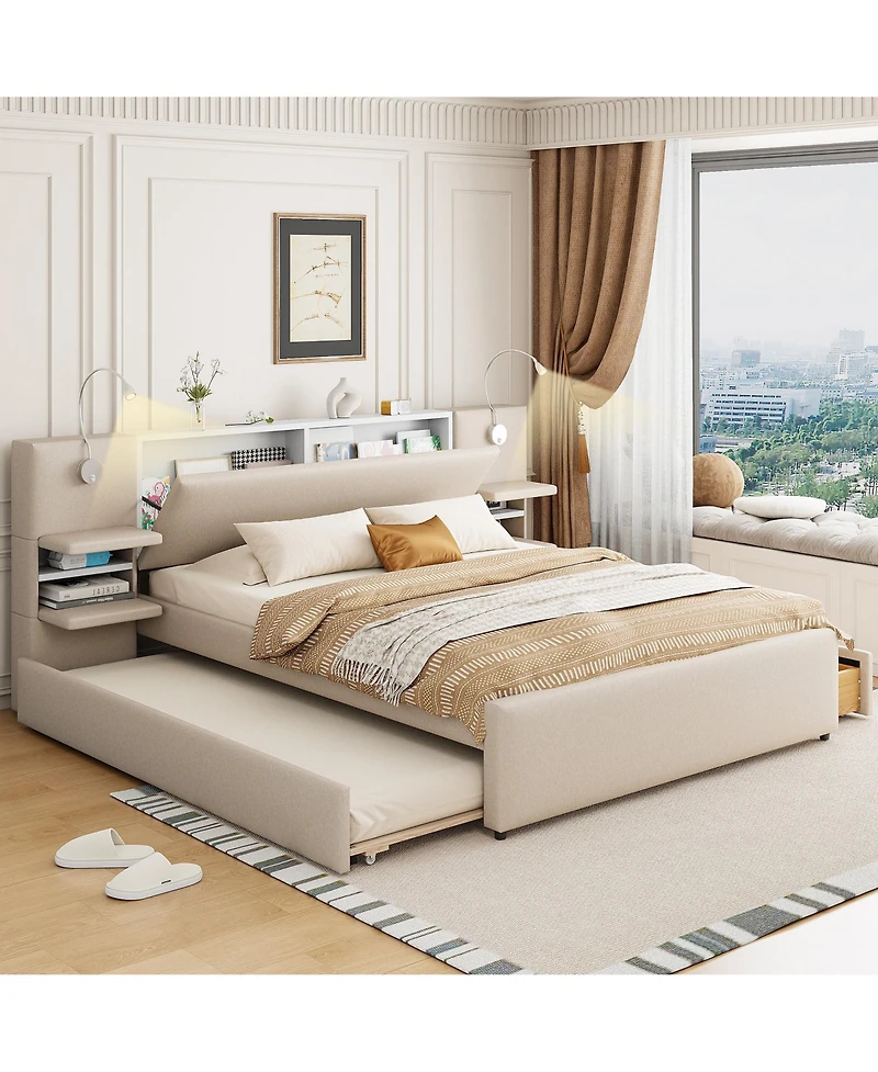 Boyel Living Queen Upholstered Platform Bed with Reading Lights and Storage Solutions