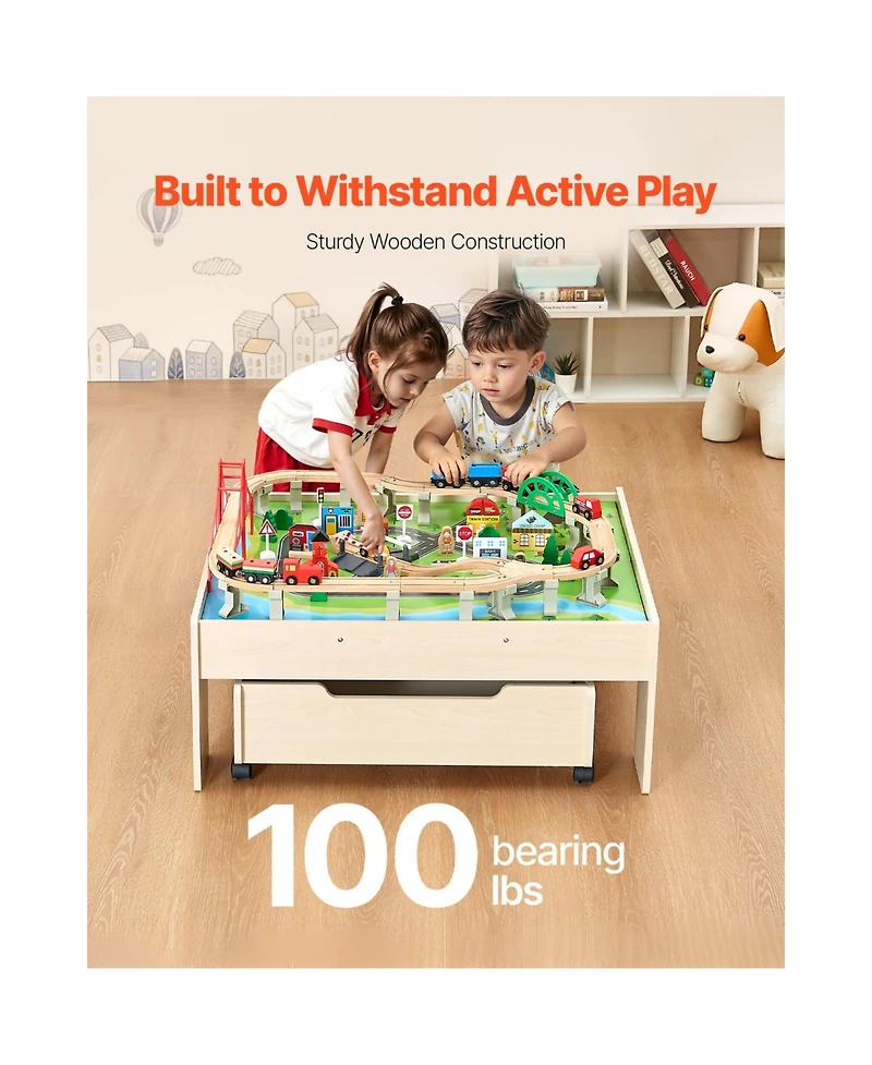 Slickblue Kids Train Table with 100-Piece Wooden Set and Storage Drawer