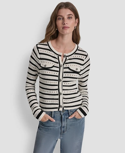 Dkny Jeans Petite Long-Sleeve Crewneck Pointelle Cardigan