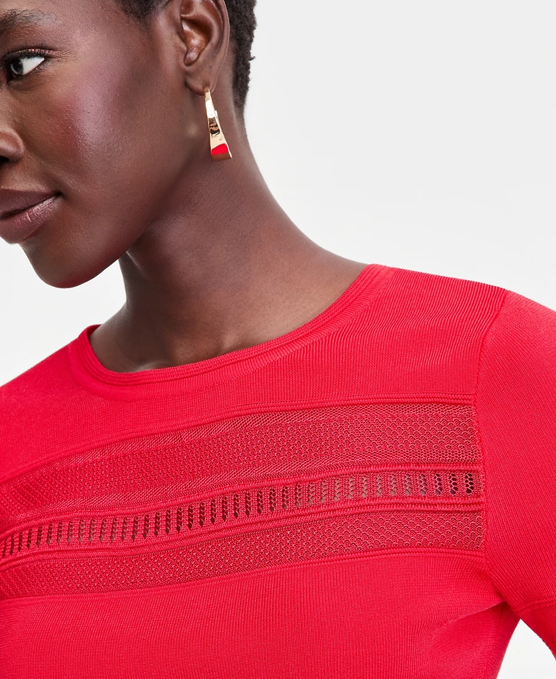 I.n.c. International Concepts Women's Short Sleeve Pointelle Stripe Sweater