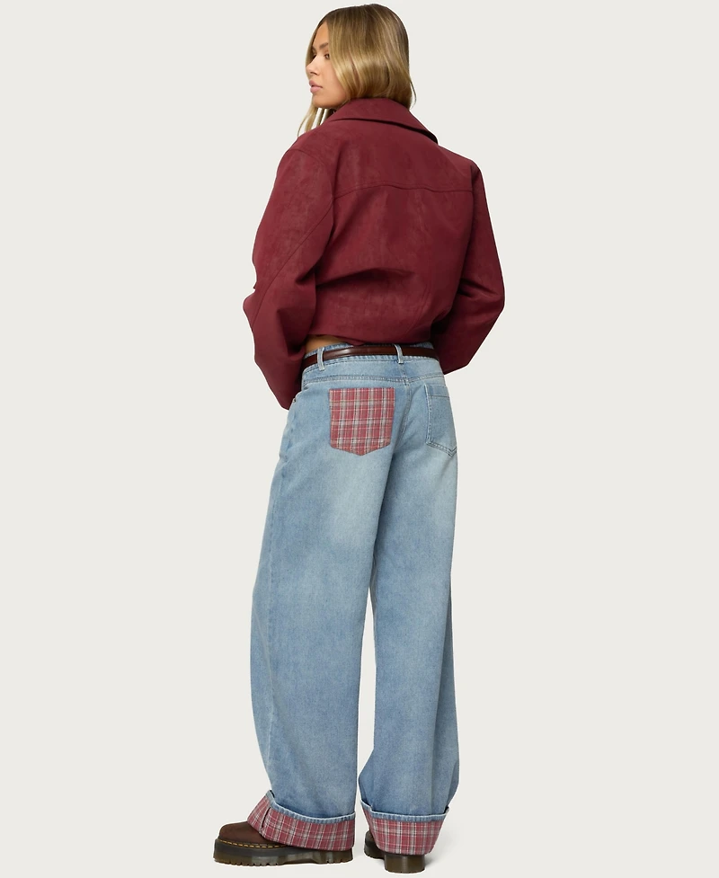 Edikted Womens Plaid Cuffed Low Rise Jeans