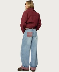 Edikted Womens Plaid Cuffed Low Rise Jeans