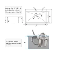 flynama 33x22x10 Inch Drop In Workstation Kitchen Sink 16 Gauge SUS304 Stainless Steel Single Bowl R10 Radius With 5 Accessories