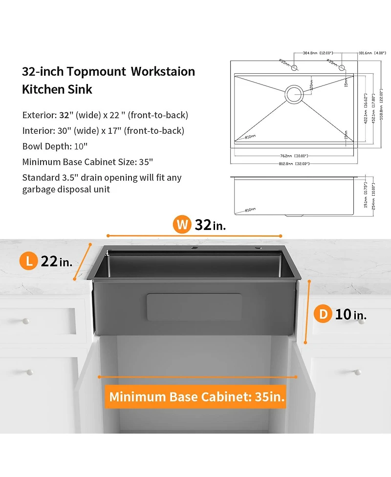 flynama 32x22inch Gunmetal Black Workstation Kitchen Sink 18 Gauge Stainless Steel with Faucet