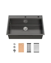 flynama 33inch Overmount Single Bowl Black 304 Stainless Steel Handmade Kitchen Sink with Cutting Board and Colander