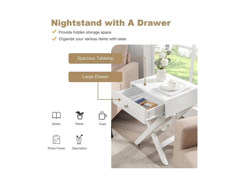 Modern X-Shaped Nightstand with Drawer for Living Room Bedroom