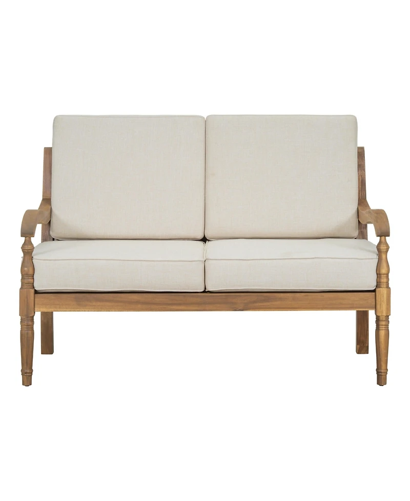 Mondawe Outdoor Acacia Wood Loveseat With Cushions, Natural Finish With Beige Fabric