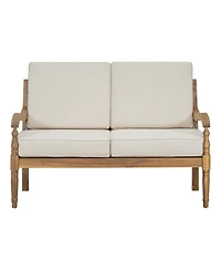 Mondawe Outdoor Acacia Wood Loveseat With Cushions, Natural Finish With Beige Fabric