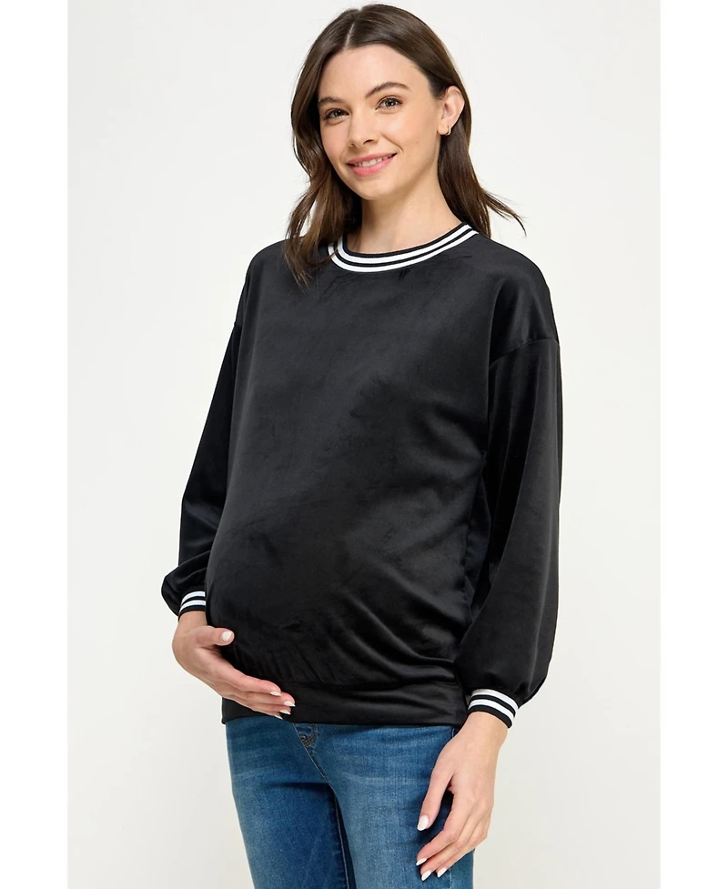 Hello Miz Women's Velvet Striped Neckline Long Sleeve Maternity Sweatshirt Top