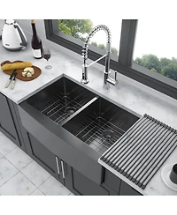 flynama 36x21x10inch Gunmetal Black Farmhouse Kitchen Sink Double Bowl Apron Front Stainless Steel
