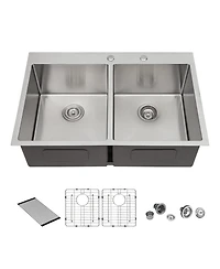 flynama 33x22x10 Inch Double Bowl 5050 Drop In Kitchen Sink 16 Gauge T304 Stainless Steel With Two 10 Inch Deep Basin