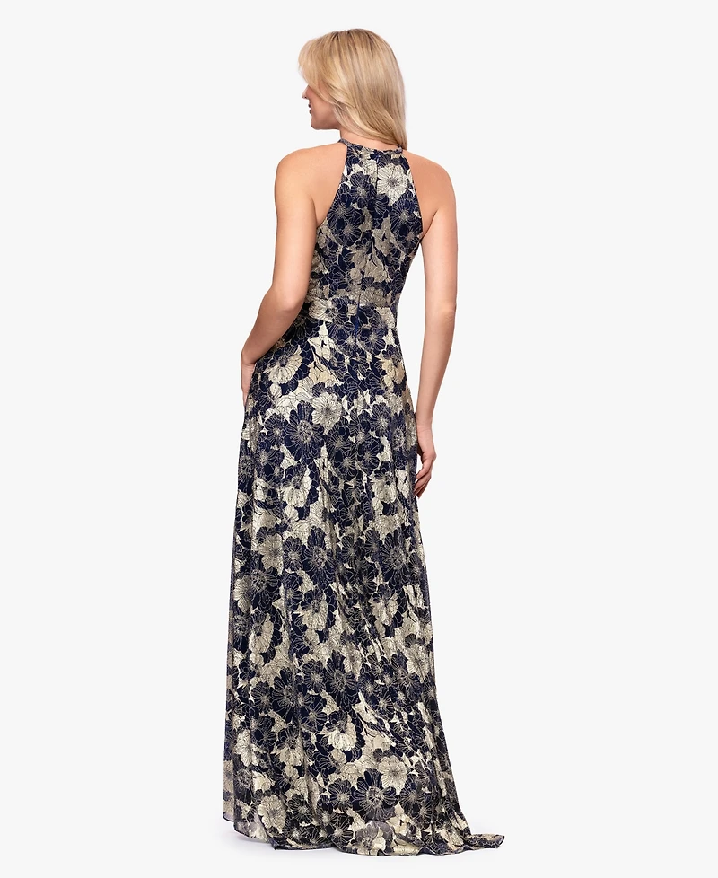 B&A By Betsy and Adam Women's Halter Neck Wrap Foil Gown