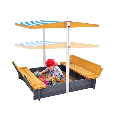 Slickblue Wooden Sandbox with Canopy, Foldable Bench Seats, and Liner