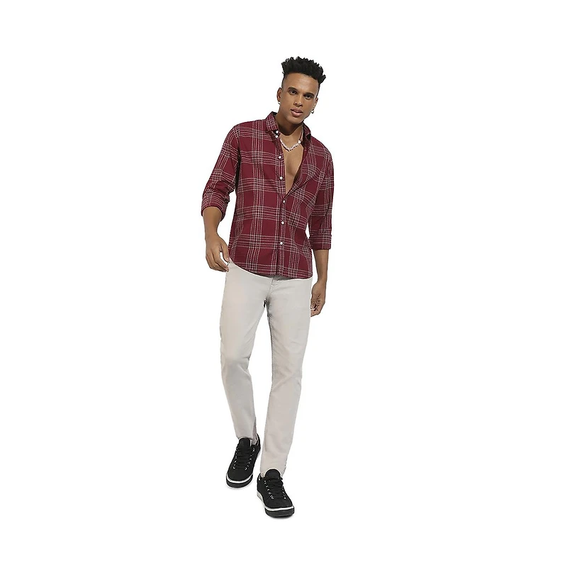 Campus Sutra Men's Maroon Red Chalk Tartan Plaid Shirt