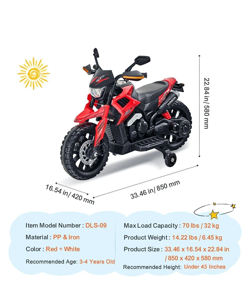 Sugift 12V Kids Electric Motorcycle with Detachable Training Wheels