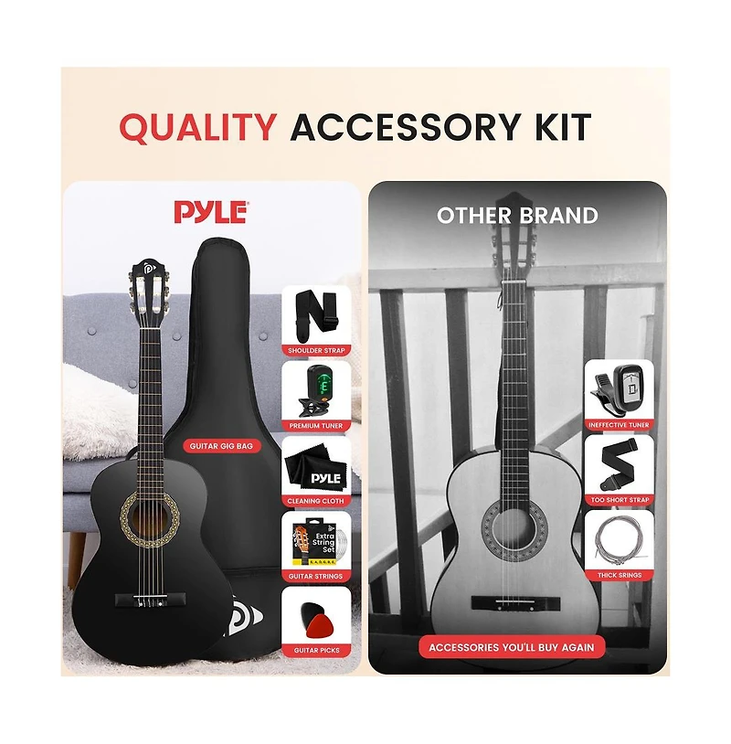 Pyle 34" 6-String Classic Guitar with Digital Tuner and Accessory Kit (Black