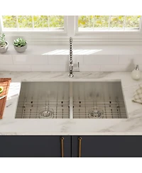 flynama 36x19x10inch 16 Gauge T304 Stainless Steel Undermount 5050 Double Bowl Kitchen Sink with Two 10inch Deep Basins