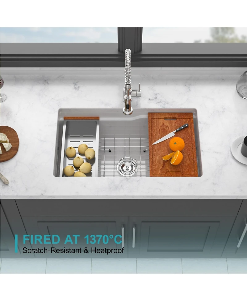 flynama Undermount Workstation Single Bowl Porcelain Fireclay Kitchen Sink Dual Mount White Rectangular Deep Basin