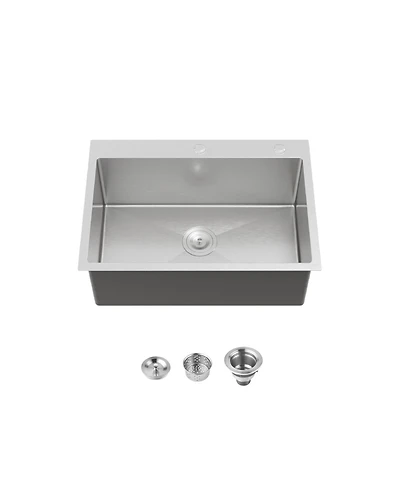 flynama Overmount Single Bowl Dark Gray 304 Stainless Steel Handmade Kitchen Sink with Us Standard Drain and Hook